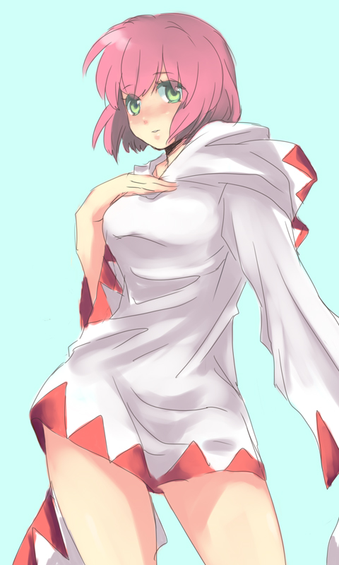 1990s_(style), 1girl, blush, female_focus, final_fantasy, final_fantasy_v, green_eyes, lenna_charlotte_tycoon, m_(pixiv307367), pink_hair, retro_artstyle, robe, short_hair, simple_background, solo, white_mage_(final_fantasy)