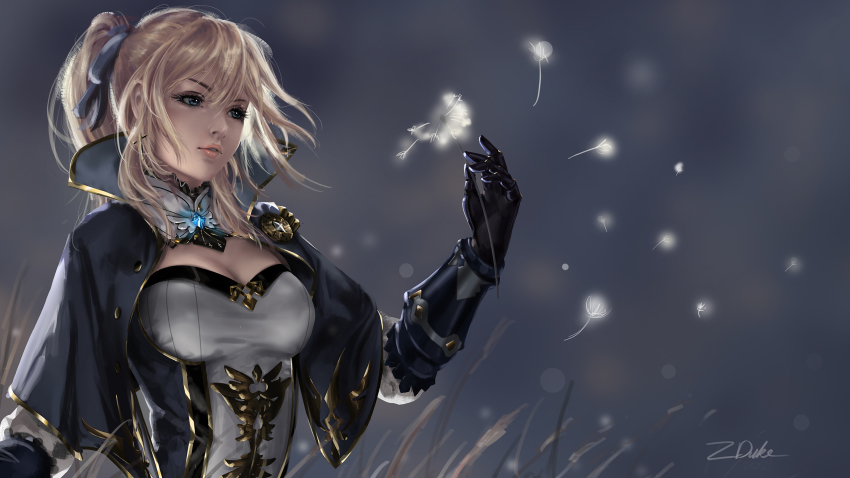 1girl, black_gloves, blue_eyes, blurry, bow, breasts, capelet, cleavage