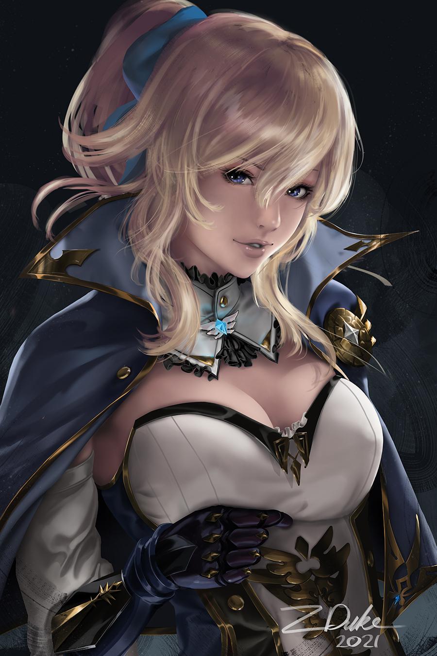 1girl, black_background, black_gloves, blue_eyes, bow, breasts, capelet, cleavage