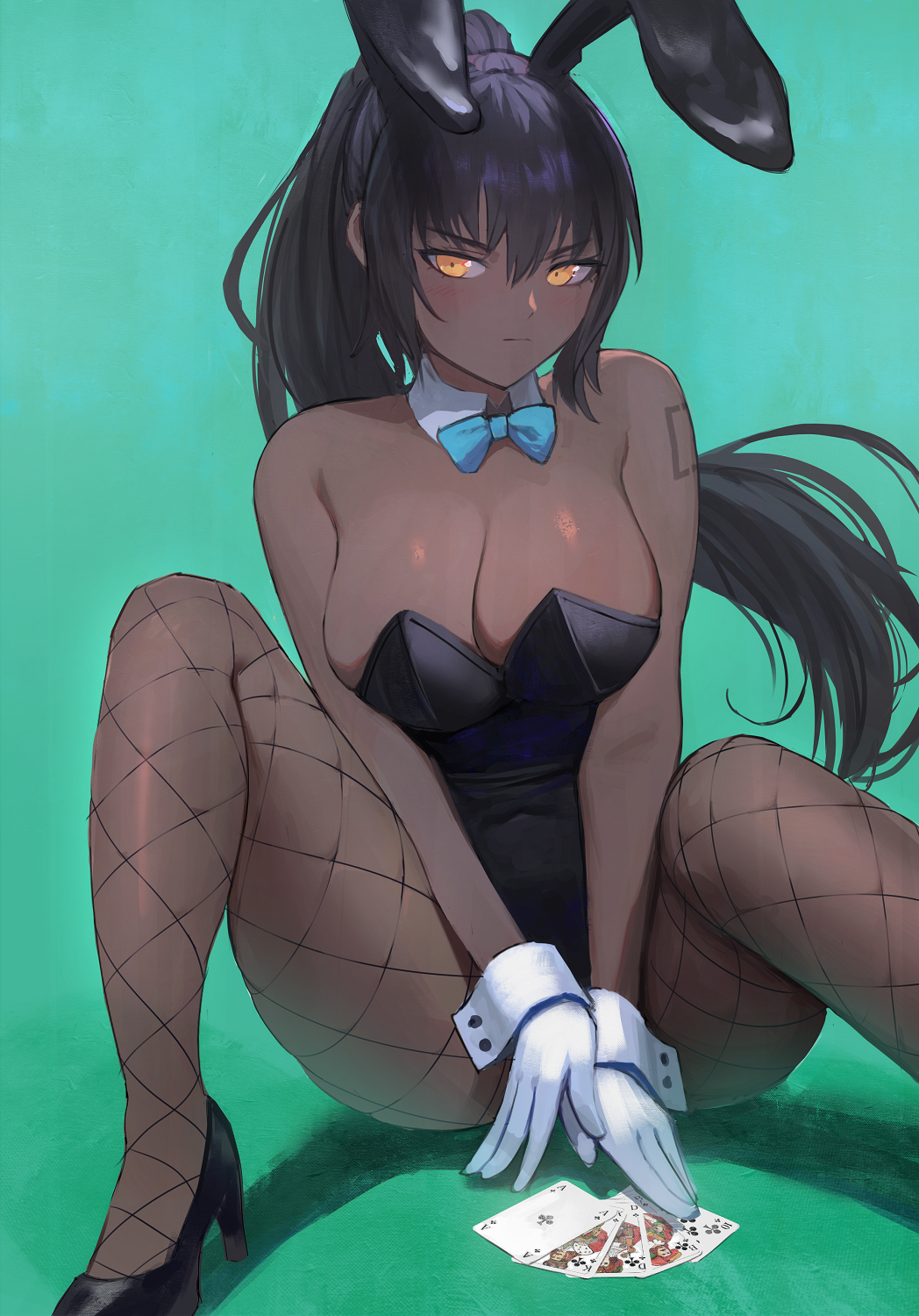 1girl, ace_(playing_card), ace_of_clubs, animal_ears, aqua_background, ass, bare_shoulders, between_legs, black_footwear, black_leotard, blue_archive, blue_bow, blue_bowtie, blush, bow, bowtie, breasts, card, cleavage, closed_mouth, club_(shape), commentary_request, dark-skinned_female, dark_skin, detached_collar, fake_animal_ears, fishnet_pantyhose, fishnets, gloves, hand_between_legs, high_heels, high_ponytail, highres, jack_(playing_card), jack_of_clubs_(playing_card), karin_(blue_archive), karin_(bunny)_(blue_archive), king_(playing_card), king_of_clubs, knees_up, large_breasts, leotard, long_hair, looking_at_viewer, number_tattoo, official_alternate_costume, orange_eyes, pantyhose, playboy_bunny, playing_card, ponytail, queen_(playing_card), queen_of_clubs, rabbit_ears, shoulder_tattoo, simple_background, sitting, solo, spread_legs, strapless, strapless_leotard, tattoo, traditional_bowtie, v-shaped_eyebrows, vertigris, very_long_hair, white_gloves, wrist_cuffs