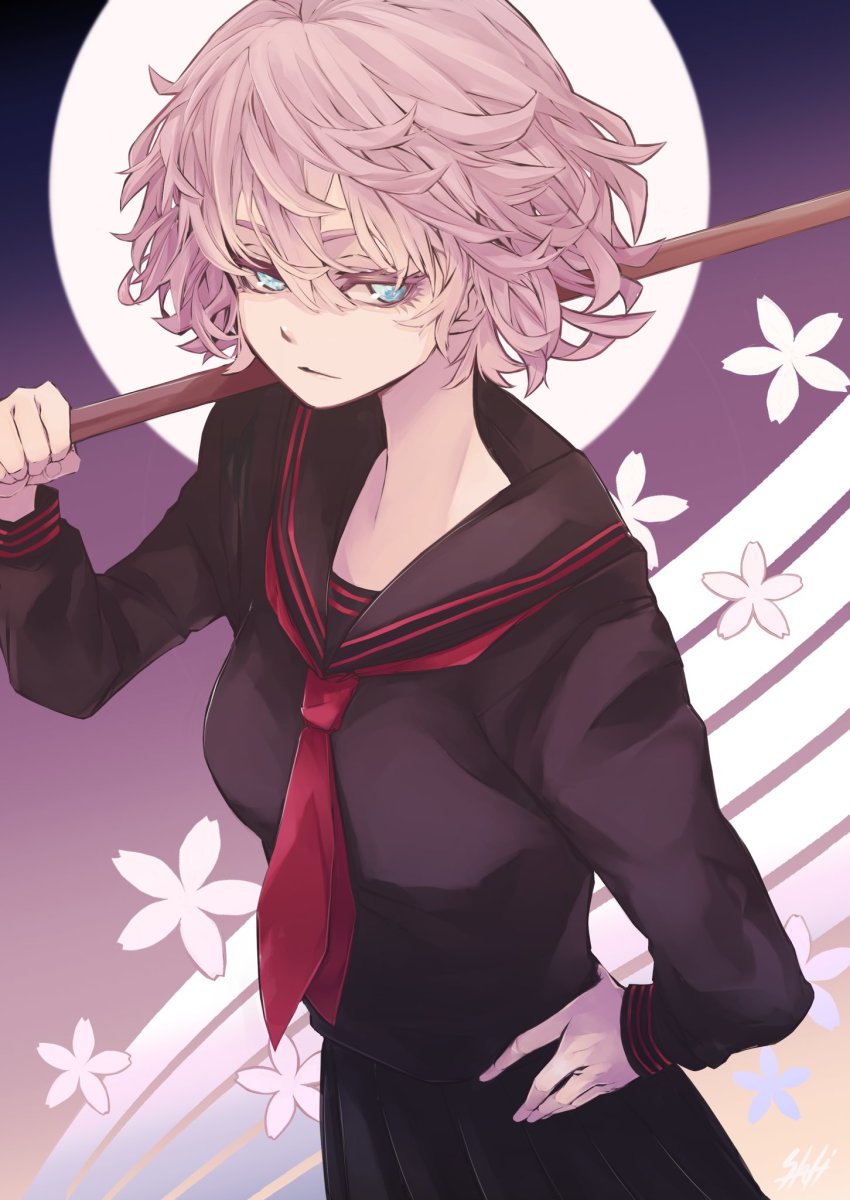 1girl, akashi_senju, black_coat, black_sailor_collar, black_skirt, blouse, blue_eyes, brown_hair