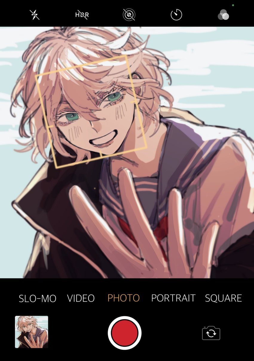 1girl, akashi_senju, black_coat, black_eyes, black_skirt, blouse, brown_hair, brumouss, camera, cellphone, closed_mouth, coat, cowboy_shot, crossed_legs, hair_between_eyes, highres, iphone, long_sleeves, looking_at_viewer, miniskirt, mouth_hold, nachiya, neckerchief, phone, pleated_skirt, sailor_collar, school_uniform, serafuku, shirt, short_hair, simple_background, sitting, skirt, smartphone, solo, tokyo_revengers, white_background, white_shirt