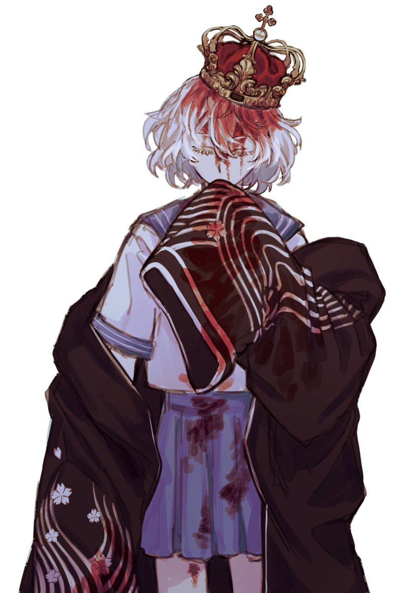 1girl, akashi_senju, black_coat, black_eyes, black_skirt, blood, blood_on_face, blouse, brown_hair, brumouss, closed_mouth, coat, cowboy_shot, crossed_legs, hair_between_eyes, highres, long_sleeves, looking_at_viewer, miniskirt, mouth_hold, nachiya, neckerchief, pleated_skirt, sailor_collar, school_uniform, serafuku, shirt, short_hair, simple_background, sitting, skirt, solo, tokyo_revengers, wallpaper_(object), white_background, white_shirt