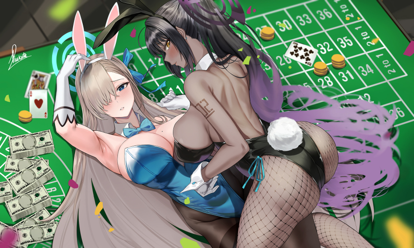 2girls, ace_(playing_card), ace_of_hearts, animal_ears, arm_up, armpits, ass, asuna_(blue_archive)