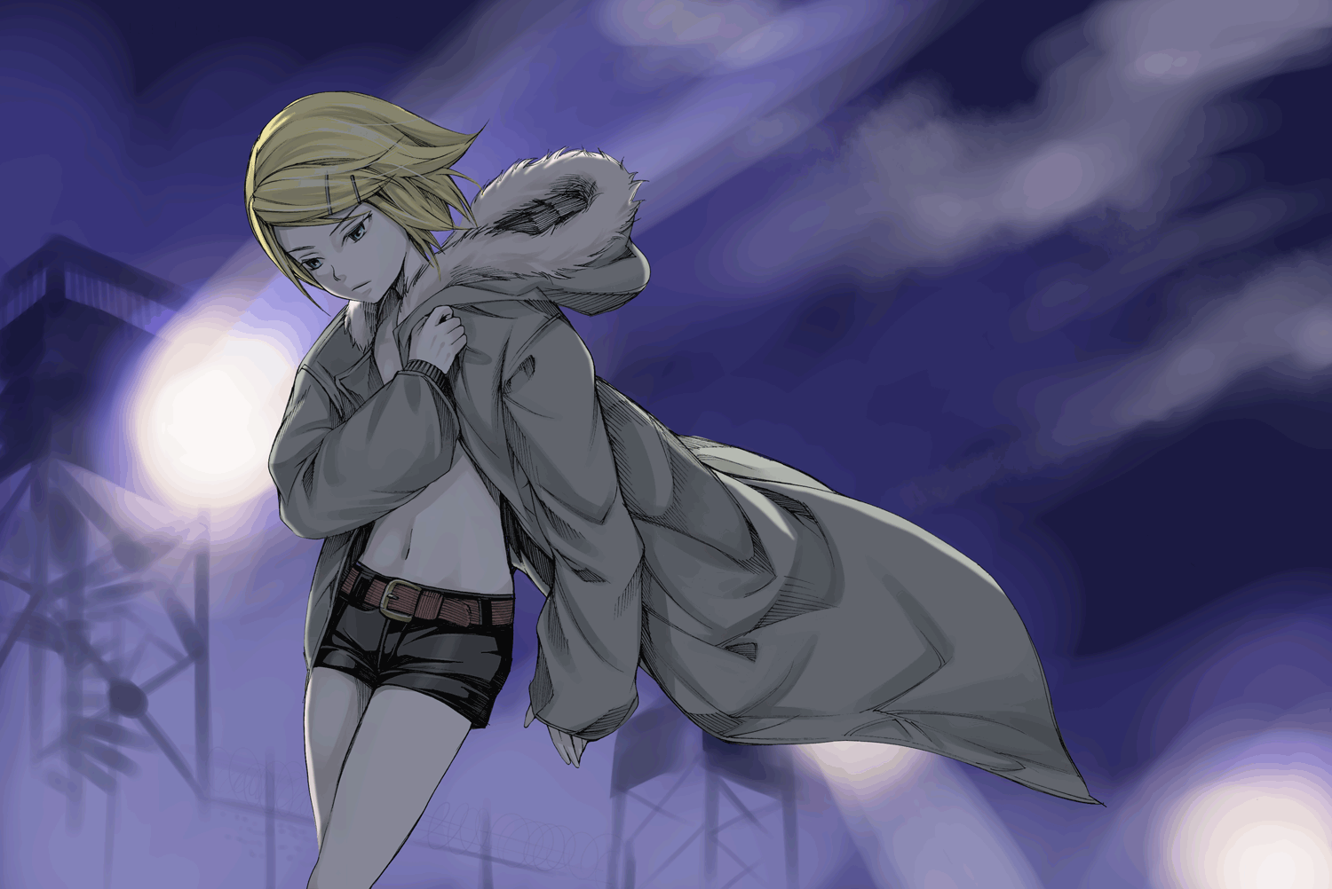 1girl, aqua_eyes, bad_id, bad_pixiv_id, blonde_hair, coat, female_focus, hair_ornament