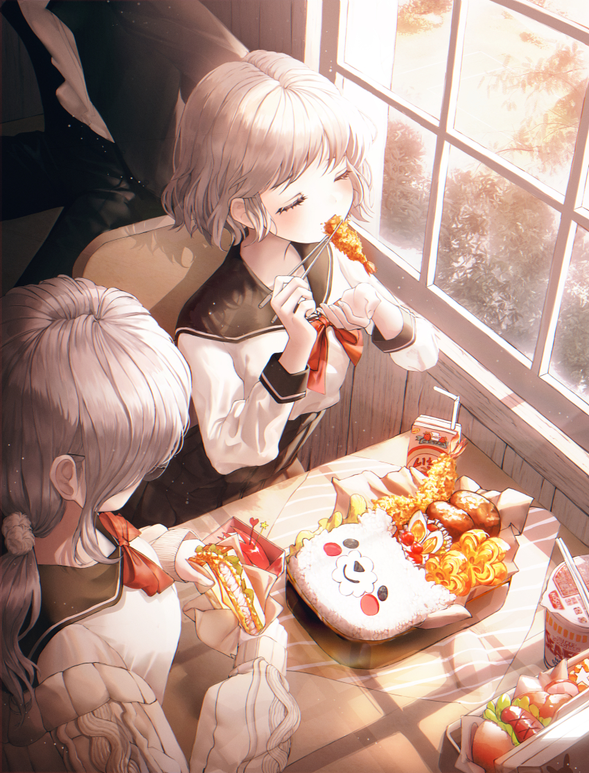 1boy, 2girls, absurdres, bento, black_jacket, black_pants, black_sailor_collar, black_skirt