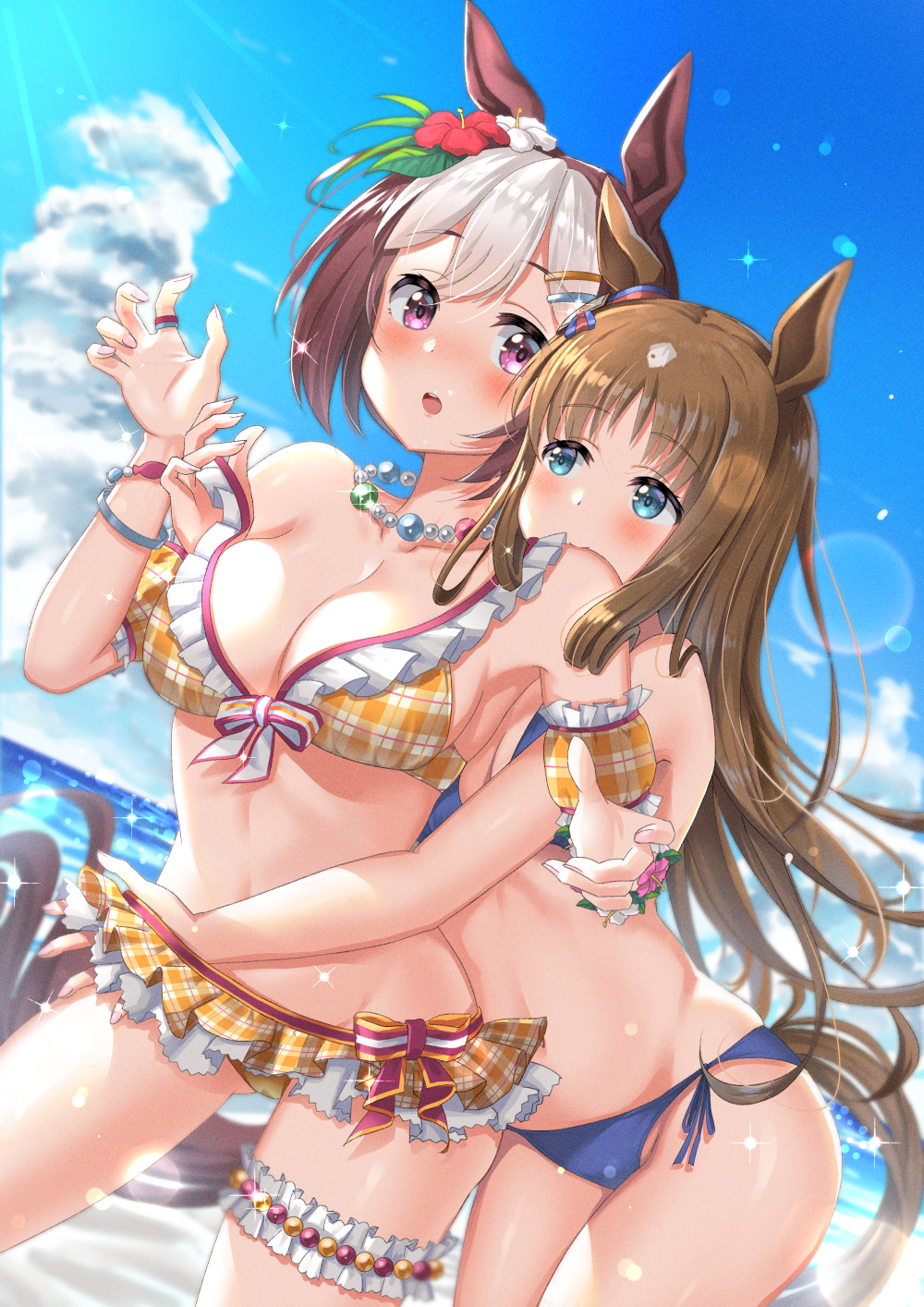 2girls, :o, animal_ears, bad_id, bad_pixiv_id, bare_arms, bare_shoulders, bikini