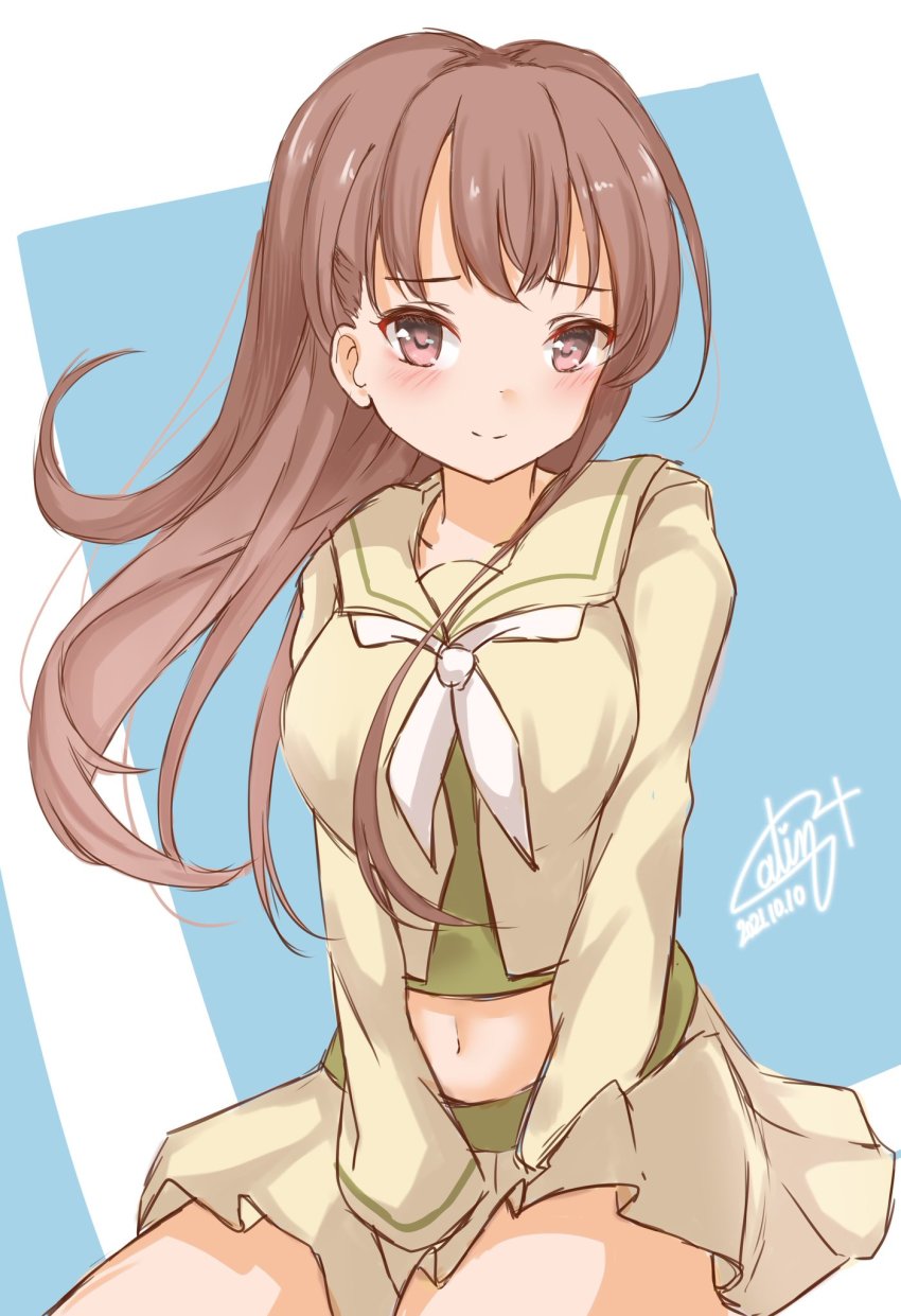 1girl, beige_sailor_collar, beige_serafuku, beige_skirt, brown_eyes, brown_hair, calin, commentary_request