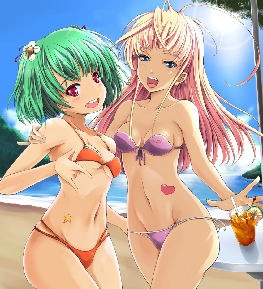 00s, 2girls, bad_id, bad_pixiv_id, bandeau, beach, bikini, blue_eyes