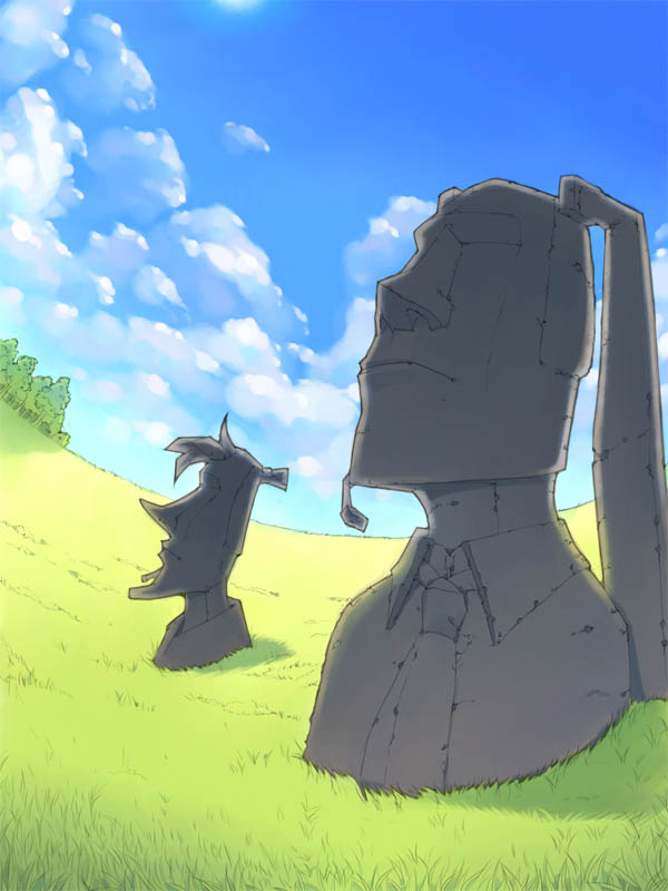akinbo_(hyouka_fuyou), bad_id, bad_pixiv_id, easter_island, grass, hatsune_miku, headset, kagamine_len