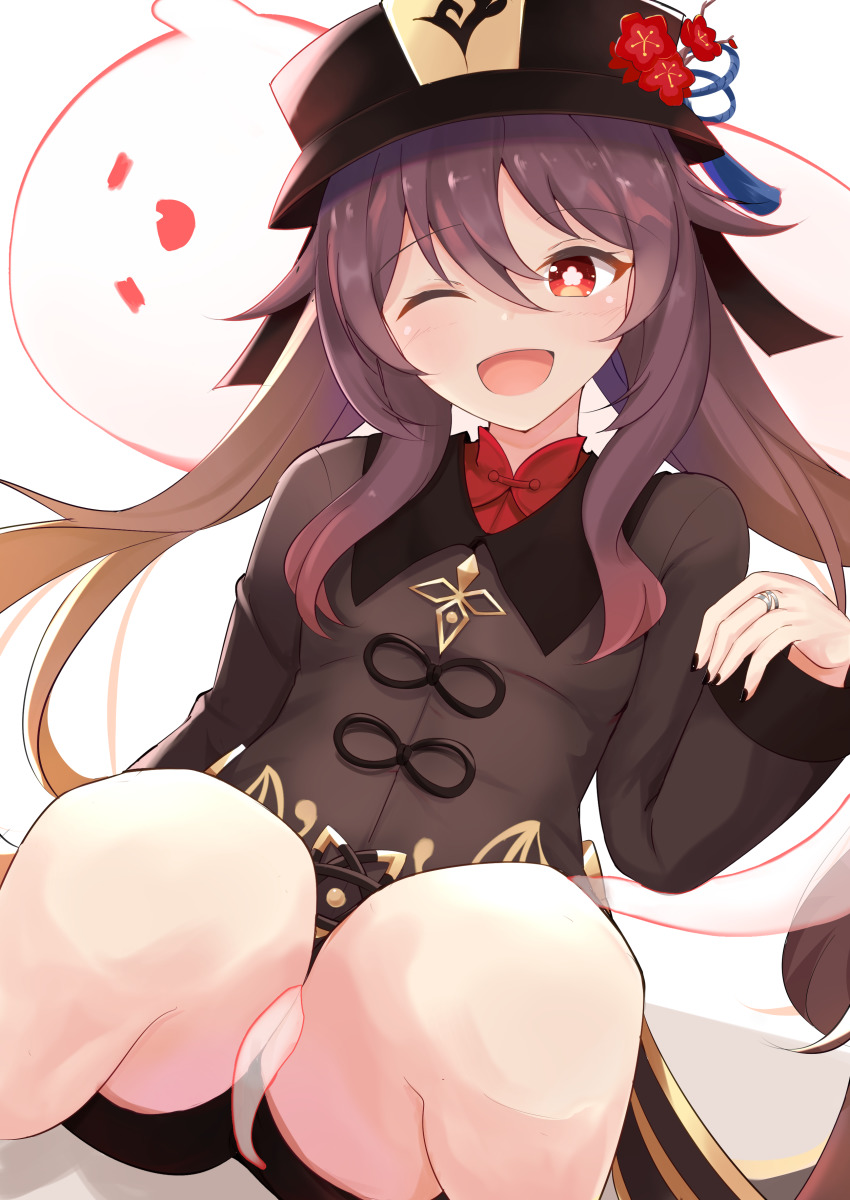 1girl, ;d, absurdres, between_legs, black_headwear, black_nails, blush, brown_hair