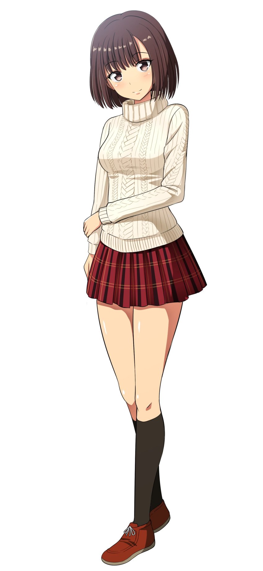 1girl, absurdres, aran_sweater, breasts, brown_eyes, brown_hair, cable_knit, closed_mouth, full_body, harasaki_nozomi, highres, kayama_kenji, looking_at_viewer, medium_breasts, shenmue, shenmue_i, short_hair, simple_background, skirt, smile, solo, standing, sweater, turtleneck, white_background