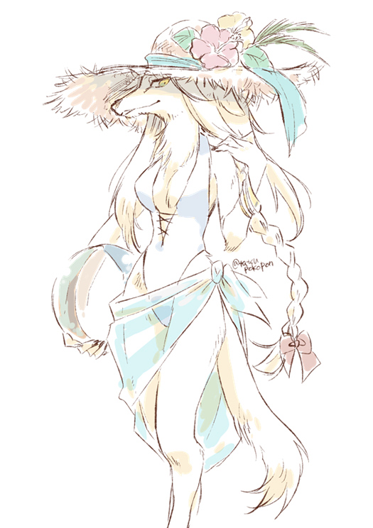 1girl, alternate_costume, animal_ears, animal_nose, aqua_ribbon, artist_name, bad_id, bad_pixiv_id, ball, bangle, beachball, blue_one-piece_swimsuit, blue_sarong, body_fur, bow, bracelet, braid, breasts, brown_hat, dog_ears, dog_girl, dog_tail, female_focus, fingernails, flower, furry, furry_female, hair_bow, hand_up, hat, hat_flower, hat_ribbon, helga_(world_flipper), hibiscus, holding, holding_ball, jewelry, leaf, long_hair, looking_at_viewer, mature_female, medium_breasts, one-piece_swimsuit, parted_lips, red_bow, red_flower, ribbon, sarong, see-through_clothes, see-through_sarong, signature, simple_background, single_braid, sketch, snout, solo, standing, straw_hat, sun_hat, swimsuit, tail, tatsuri_(forest_penguin), transparent, twitter_username, very_long_hair, white_background, world_flipper, yellow_eyes, yellow_flower, yellow_fur