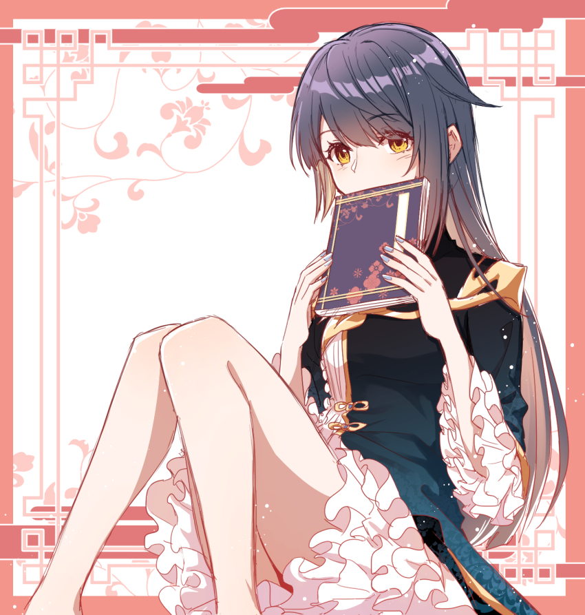 1boy, bare_legs, blue_hair, blue_nails, book, brill_p, brillp, chinese_clothes, colored_inner_hair, covering_own_mouth, earrings, floral_print, frilled_skirt, frilled_sleeves, frills, genderswap, genderswap_(mtf), genshin_impact, highres, holding, holding_book, jewelry, long_hair, long_sleeves, looking_at_viewer, multicolored_hair, nail_polish, patterned, single_earring, sitting, skirt, solo, tassel, two-tone_hair, xingqiu_(genshin_impact), yellow_eyes