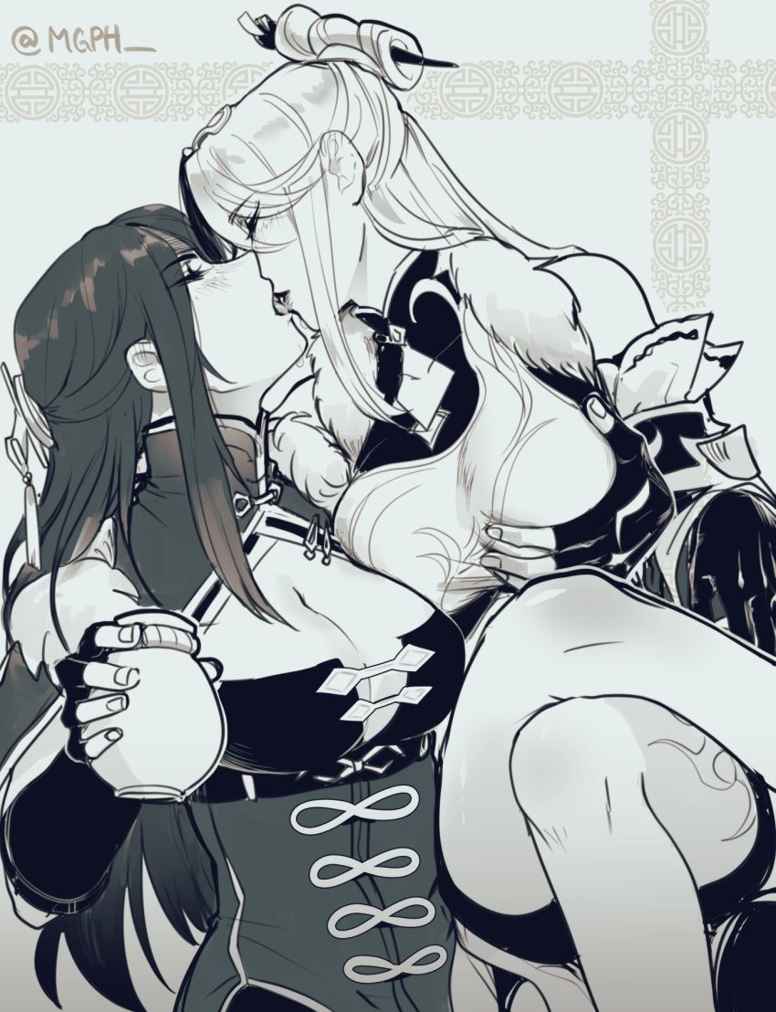 2girls, bare_shoulders, beidou_(genshin_impact), breasts, china_dress, chinese_clothes, cleavage, closed_eyes, crossed_legs, dress, drink, genshin_impact, grabbing_another's_breast, groping, hair_ornament, hair_stick, hairpin, highres, holding, holding_drink, kiss, large_breasts, leg_tattoo, long_hair, mgph, monochrome, multiple_girls, ningguang_(genshin_impact), tattoo, yuri