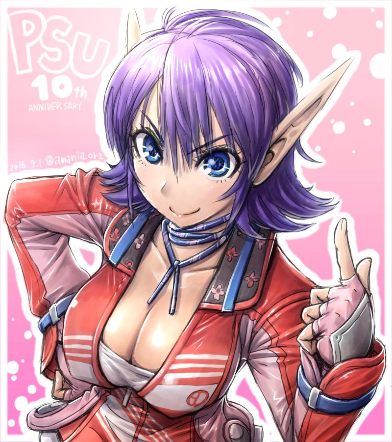 1girl, amania_orz, blue_eyes, breasts, cleavage, closed_mouth, dated, fingerless_gloves, gloves, karen_erra, large_breasts, looking_at_viewer, phantasy_star, phantasy_star_universe, pointy_ears, purple_hair, sega, short_hair, signature, smile, solo