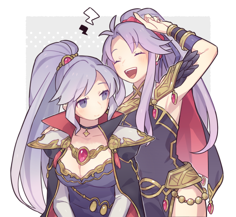 2girls, ^_^, arm_up, armpits, border, breasts, cape, choker