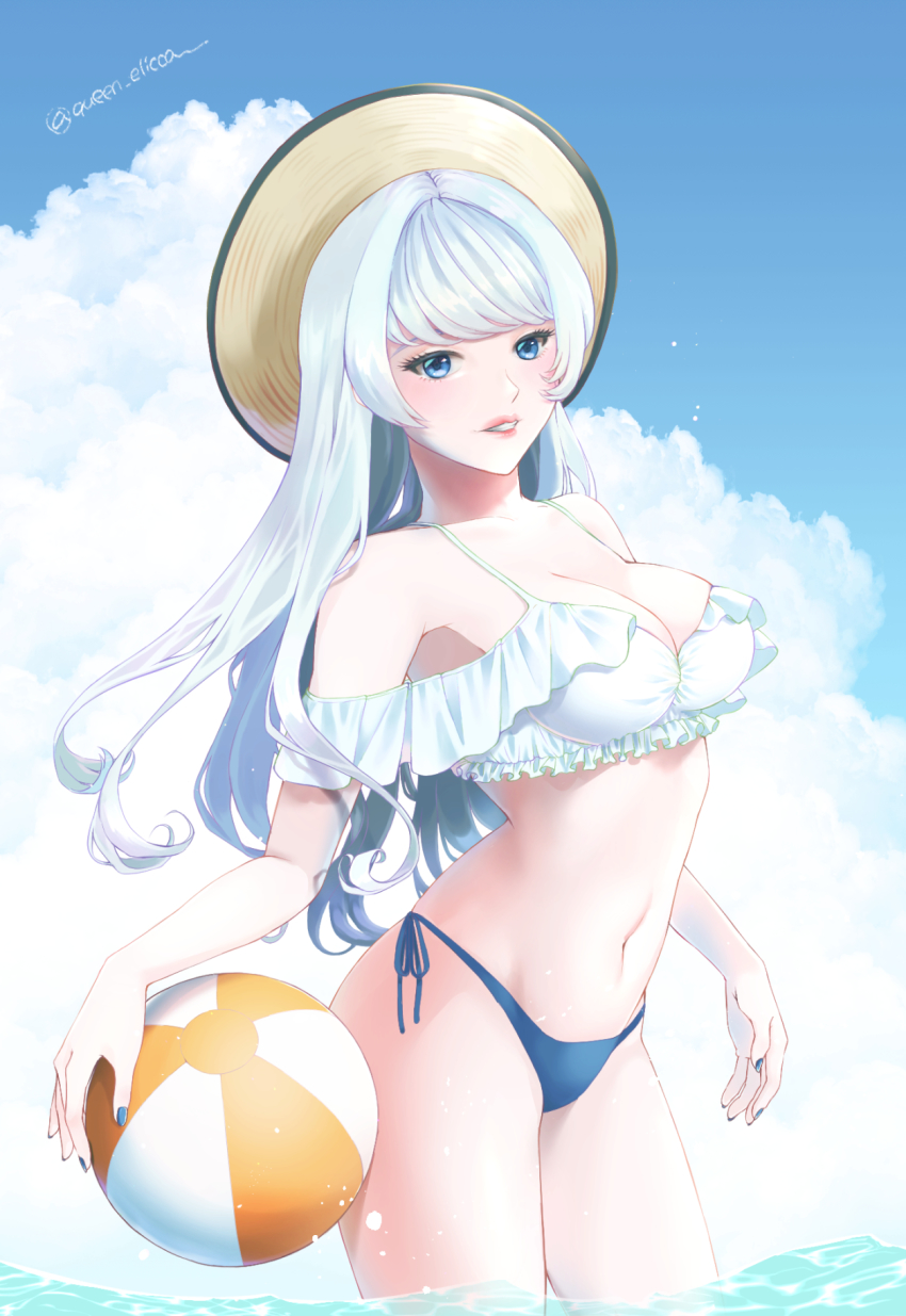 1girl, ball, bare_shoulders, beachball, bikini, blue_eyes, blue_nails, breasts