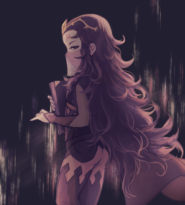 1girl, ass, black_background, black_hair, book, hugging_book, bridal_gauntlets, cape