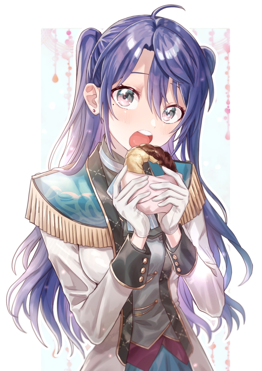 1girl, absurdres, ascot, blue_ascot, blue_hair, eating, food, genderswap