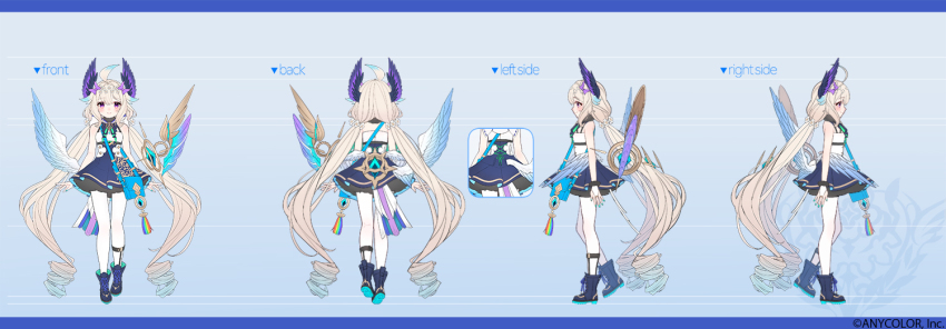 1girl, absurdly_long_hair, ahoge, aqua_nails, bare_shoulders, bird_girl, blonde_hair, bow