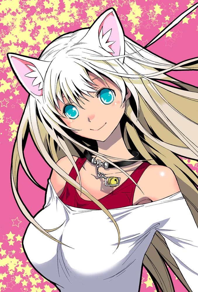 animal_ears, bad_id, bad_pixiv_id, bell, blue_eyes, cat_ears, collar, green_eyes, jpeg_artifacts, long_hair, neck_bell, okuma_yuugo, original, smile, solo