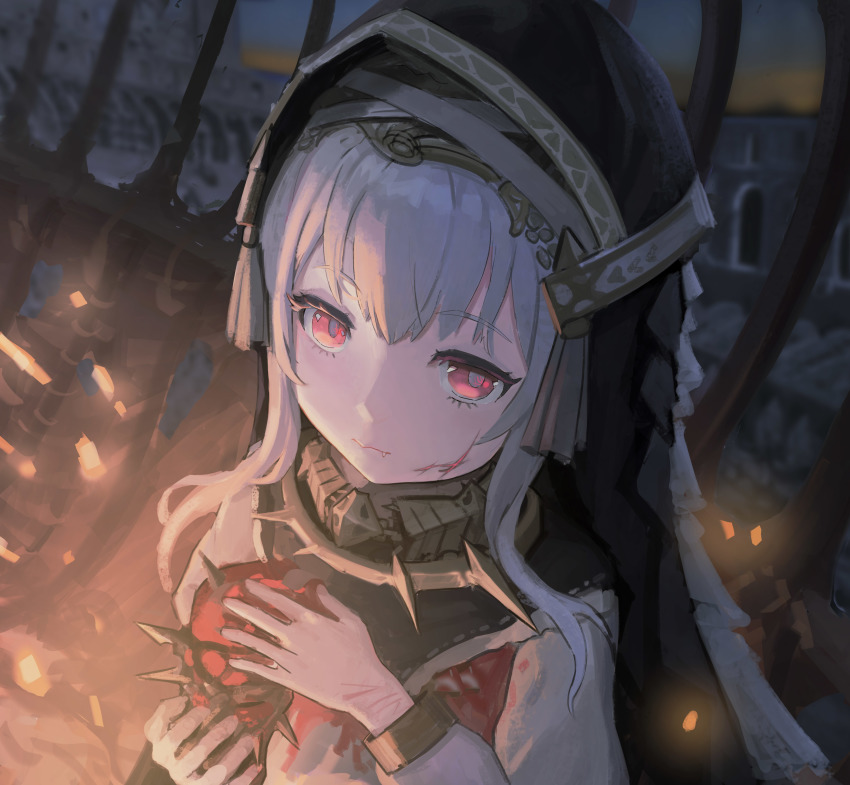 1girl, absurdres, blood, blood_on_clothes, dusttodusk, fangs, hair_between_eyes, highres