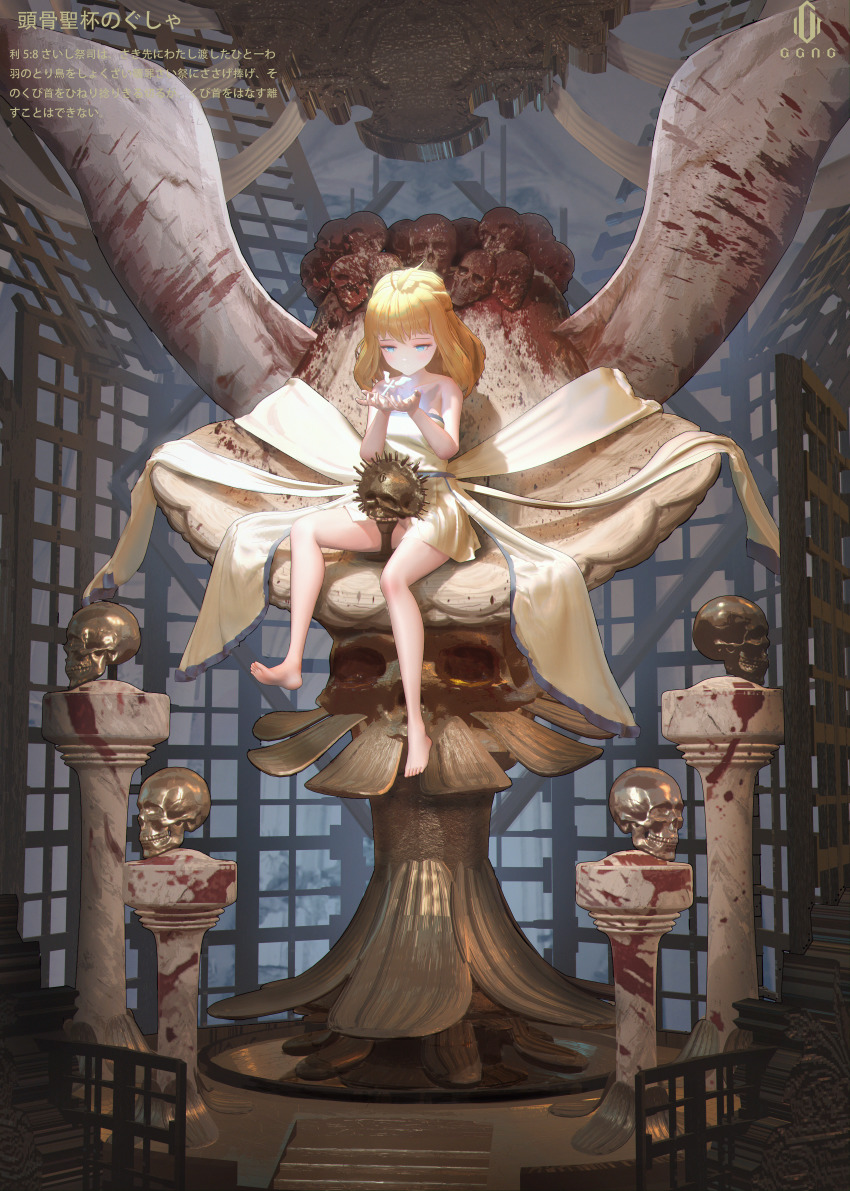 1girl, absurdres, barefoot, blonde_hair, blood, blue_eyes, dusttodusk, gold