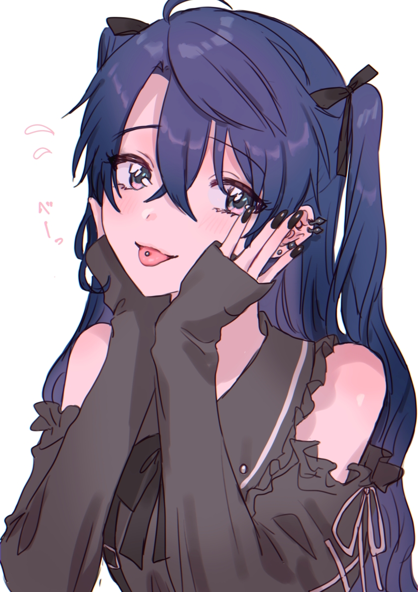 1girl, :p, absurdres, black_bow, black_nails, black_ribbon, black_sailor_collar, black_shirt