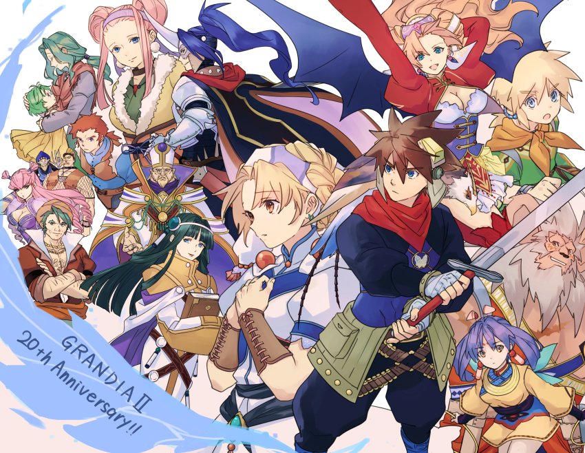 absurdres, aira_(grandia), blonde_hair, breasts, cleavage, closed_mouth, earrings, elena_(grandia)