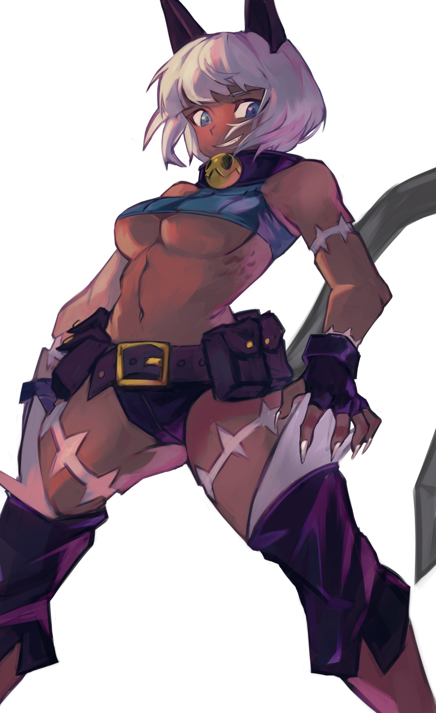 1girl, absurdres, animal_ears, bell, belt, belt_buckle, belt_pouch, blue_eyes