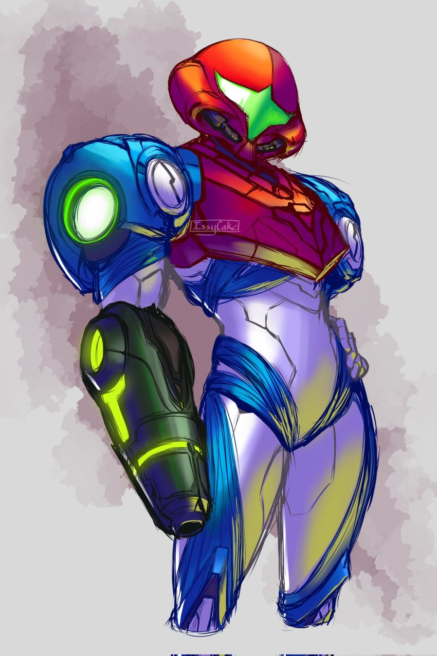 1girl, arm_cannon, armor, cowboy_shot, grey_background, hand_on_own_hip, helmet, highres, issycake, metroid, metroid_dread, nintendo, normal_suit_(metroid), pauldrons, power_armor, power_suit_(metroid), samus_aran, shoulder_armor, simple_background, solo, weapon