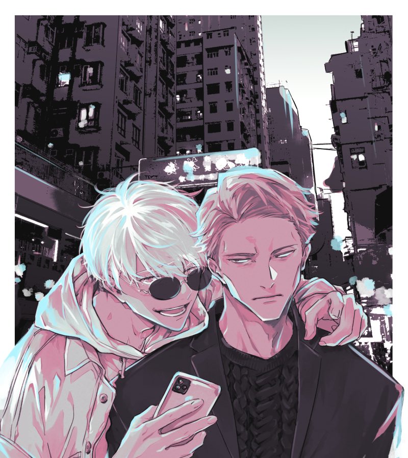 2boys, adam's_apple, annoyed, arm_around_shoulder, black_jacket, building, cellphone, city
