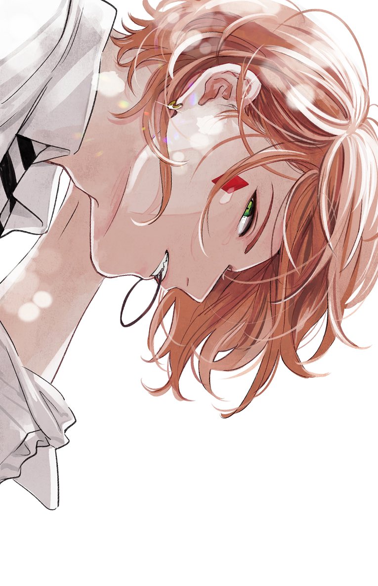 1boy, adam's_apple, cater_diamond, collared_shirt, diamond_(shape), ear_piercing, earrings, green_eyes