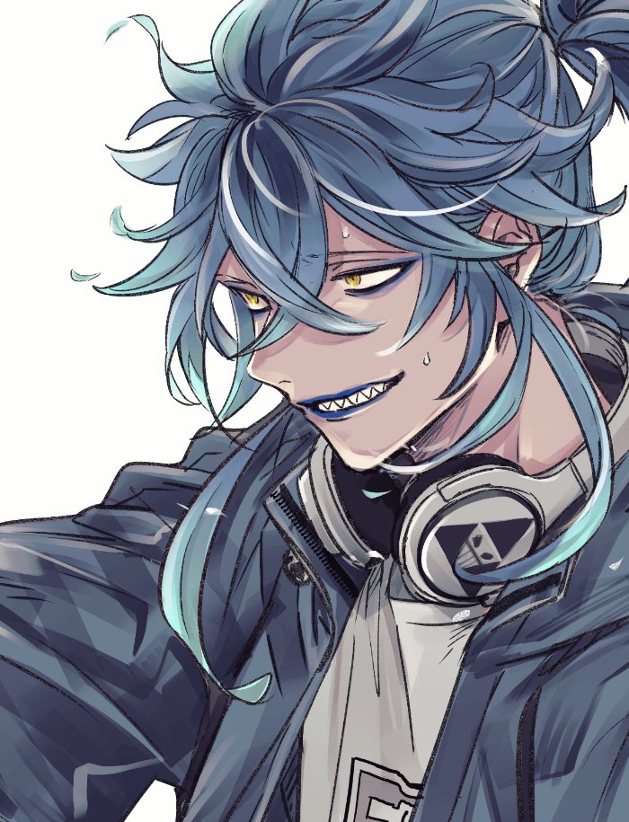 1boy, blue_hair, blue_jacket, eyebrows, eyeshadow, headphones, idia_shroud, jacket