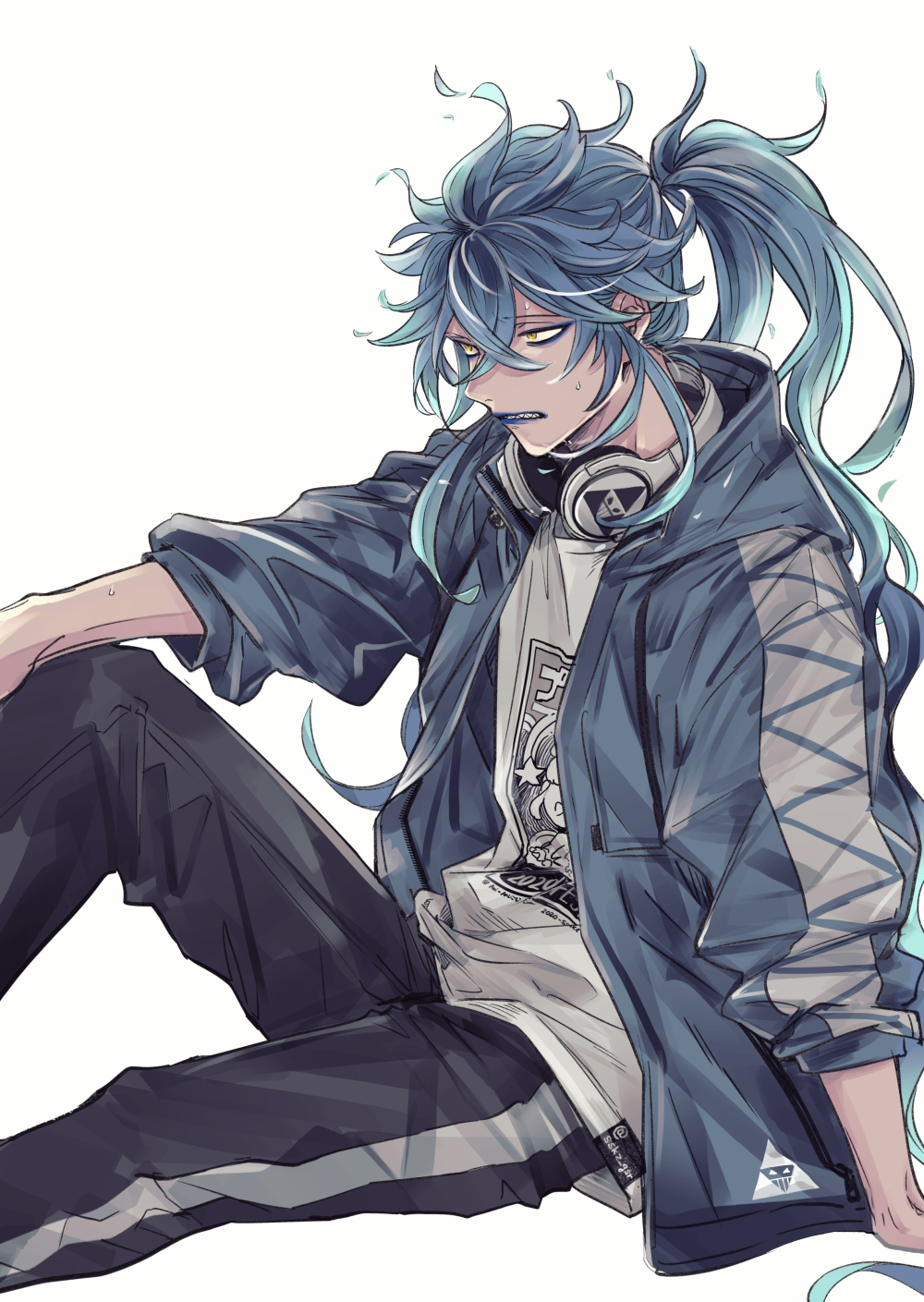 1boy, black_legwear, black_pants, blue_hair, blue_jacket, eyeshadow, headphones, highres