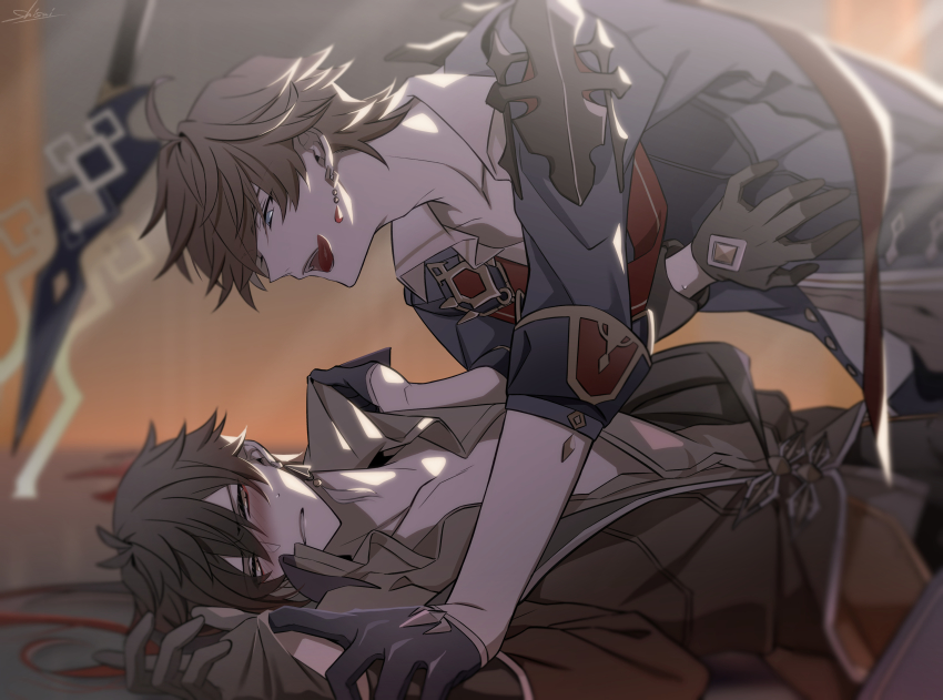 2boys, absurdres, black_hair, blue_eyes, blush, zhongli_(genshin_impact), brown_hair, earrings