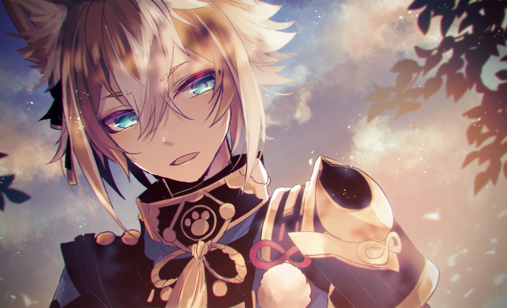 1boy, animal_ears, blue_eyes, brown_hair, fox_boy, fox_ears, genshin_impact, gloves, gorou_(genshin_impact), hair_between_eyes, hair_ornament, japanese_clothes, kirisame_(fukahire_oukoku), multicolored_hair, solo, streaked_hair, white_hair