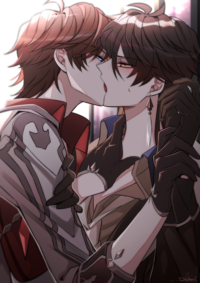 2boys, absurdres, black_hair, zhongli_(genshin_impact), brown_hair, earrings, french_kiss, genshin_impact