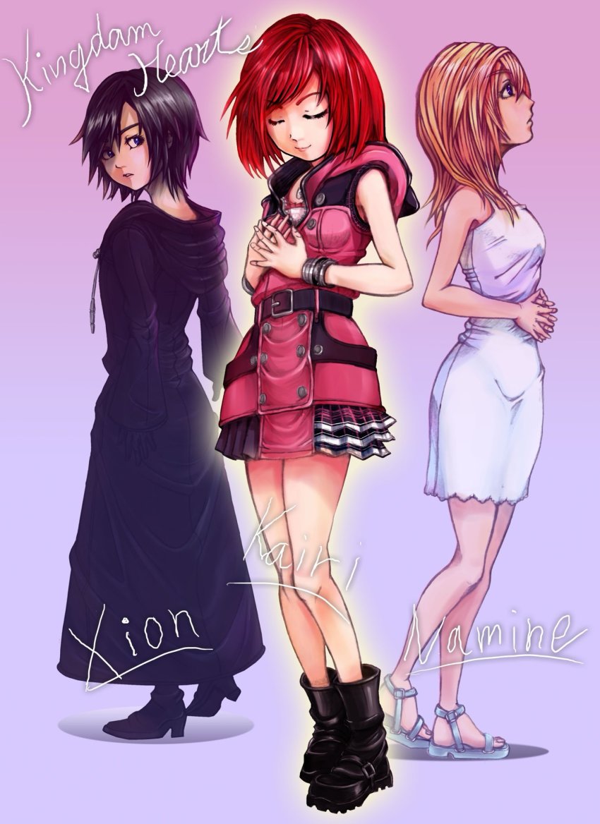 3girls, black_coat_(kingdom_hearts), blonde_hair, breasts, closed_mouth, dress, gloves, gogo_(pixiv47445), highres, jewelry, kairi_(kingdom_hearts), kingdom_hearts, kingdom_hearts_358/2_days, kingdom_hearts_ii, kingdom_hearts_iii, long_hair, medium_hair, multiple_girls, namine, necklace, red_hair, short_hair, simple_background, smile, white_dress, xion_(kingdom_hearts)