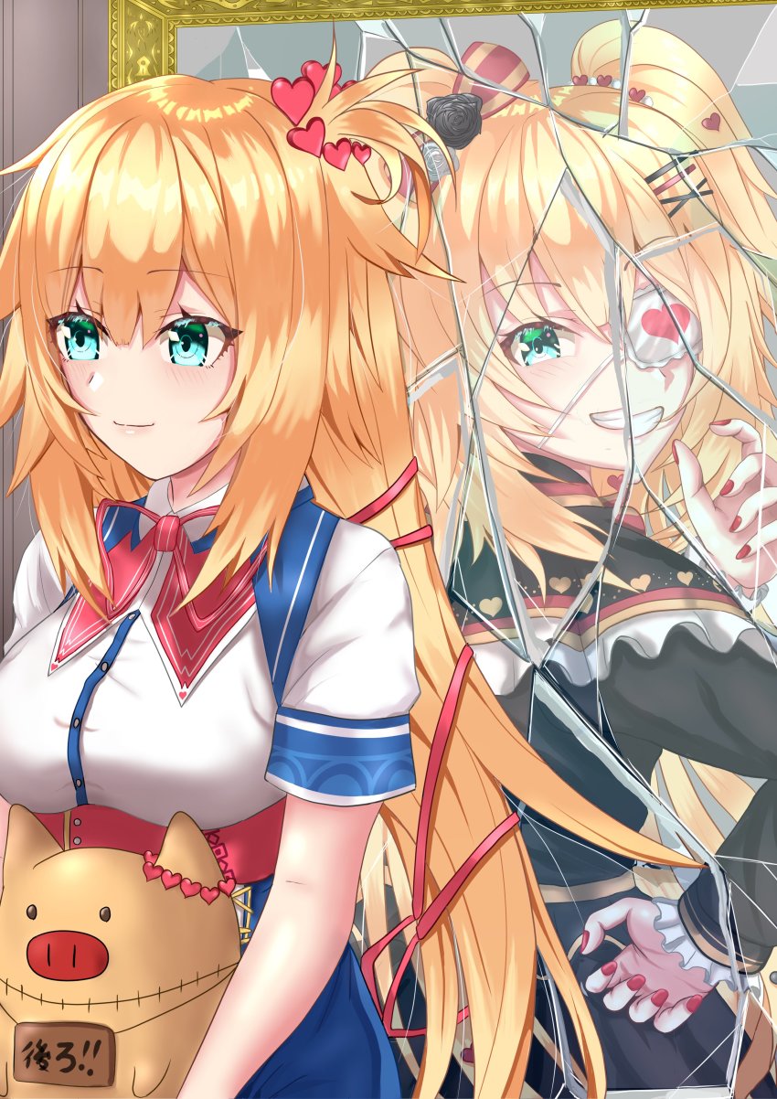 1girl, absurdres, akai_haato, akai_haato_(gothic_lolita), aqua_eyes, blonde_hair, blush, bow, commentary, crack, different_reflection, dual_persona, eyepatch, gothic_lolita, haaton_(akai_haato), hair_bow, hair_ornament, hair_ribbon, heart, heart_hair_ornament, highres, hololive, lolita_fashion, long_hair, mirror, na70103, nail_polish, one_eye_closed, red_nails, reflection, ribbon, smile, virtual_youtuber