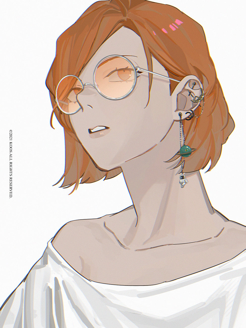 1girl, brown_eyes, brown_hair, collarbone, earrings, glasses, highres, jewelry