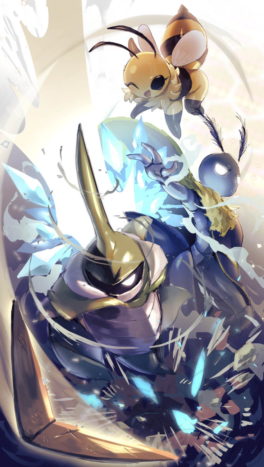 1girl, 2boys, :d, absurdres, antennae, arthropod_boy, arthropod_girl, bee_girl, beetle_boy, black_eyes, blank_eyes, bug_fables, fewer_digits, flying, furry, furry_female, highres, horns, incoming_attack, insect_girl, kabbu_(bug_fables), leif_(bug_fables), looking_at_viewer, moth_boy, multiple_boys, okame_nin, open_mouth, rhinoceros_beetle, single_horn, smile, vi_(bug_fables)