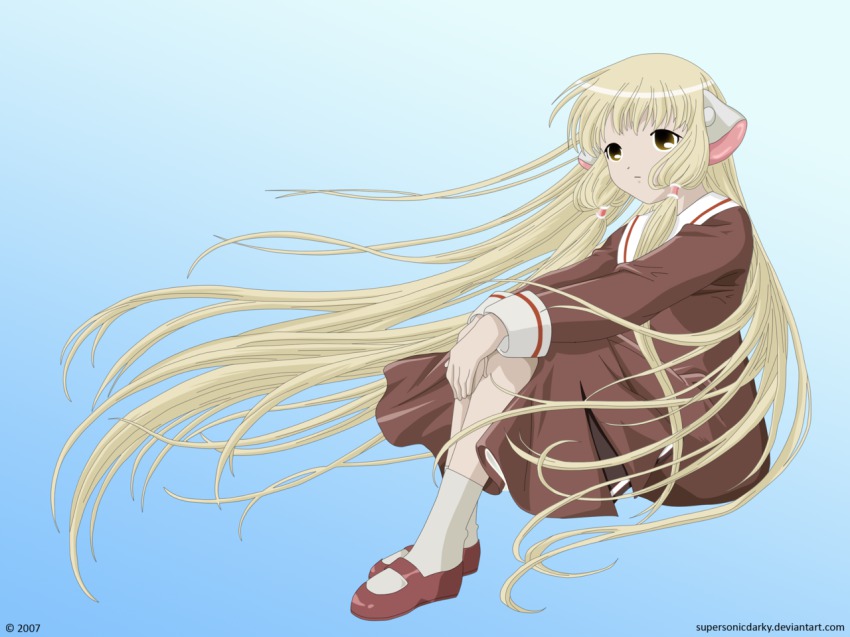 00s, 1girl, 2007, blue_background, brown_dress, chii, chobits, deviantart