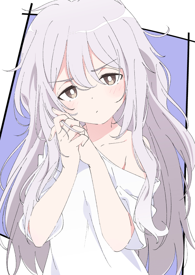 1girl, bare_shoulders, blush, brown_eyes, closed_mouth, collarbone, commentary_request, fingernails, grey_hair, ixy, kozakura_(urasekai_picnic), long_hair, looking_at_viewer, off_shoulder, shirt, short_sleeves, solo, t-shirt, upper_body, urasekai_picnic, white_shirt