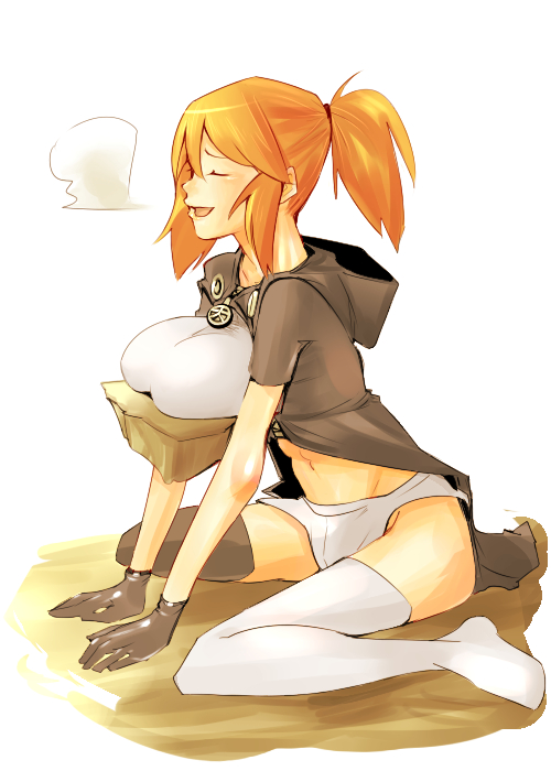 1girl, aged_up, aguhari, bad_id, bad_pixiv_id, breast_rest, breasts, female_focus, floating, gloves, jewelry, kneeling, large_breasts, pendant, ponytail, psyren, shorts, sigh, solo, tenjuin_marie, thighhighs