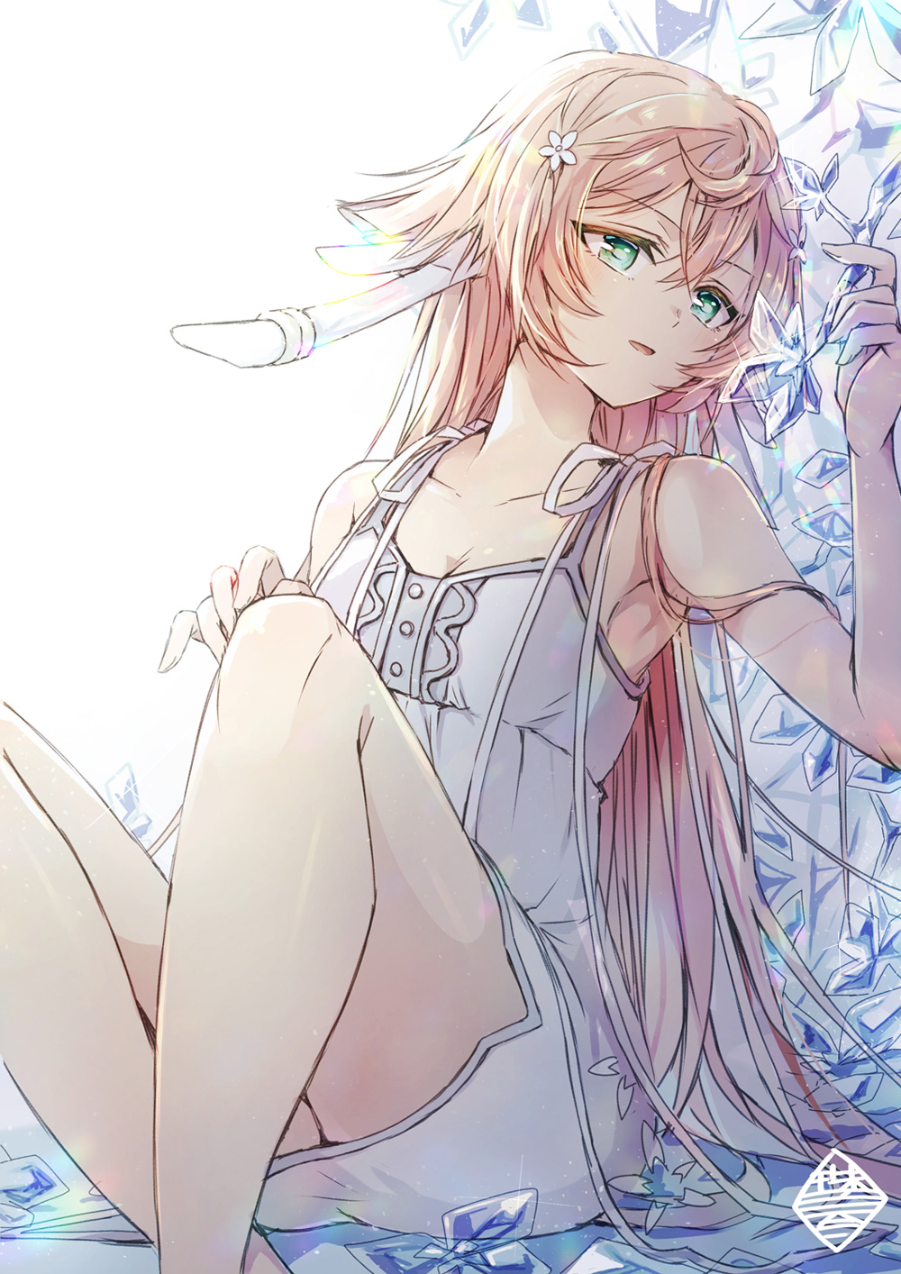1girl, alternate_costume, antlers, ass, bare_legs, collarbone, commentary_request, cosplay, crystal, dress, genshin_impact, glass_no_hana_to_kowasu_sekai, green_eyes, hair_between_eyes, hanamori_yumiri, head_tilt, highres, horns, long_hair, looking_at_viewer, parted_lips, physics_point, pink_hair, rimo_(glass_no_hana_to_kowasu_sekai), rimo_(glass_no_hana_to_kowasu_sekai)_(cosplay), sidelocks, simple_background, sitting, sleeveless, sleeveless_dress, smile, solo, voice_actor_connection, white_background, white_dress, yanfei_(genshin_impact)
