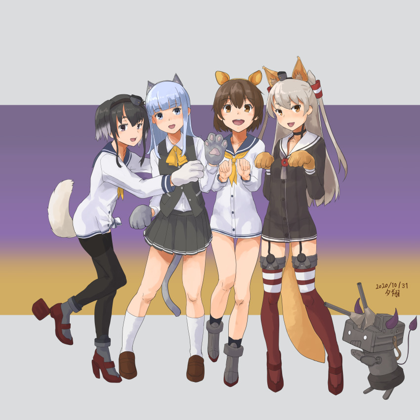4girls, absurdres, amatsukaze_(kancolle), animal_ears, animal_hands, ascot, beaver_ears, black_hair