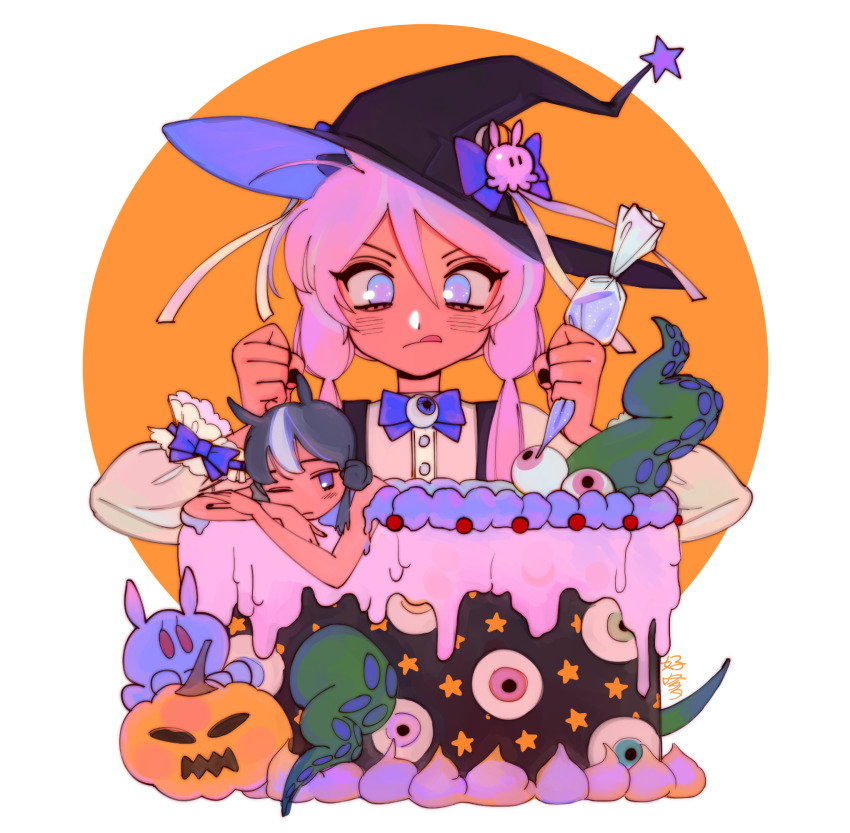 2girls, arknights, blue_eyes, blue_hair, blue_neckwear, blue_poison_(arknights), blush, bow