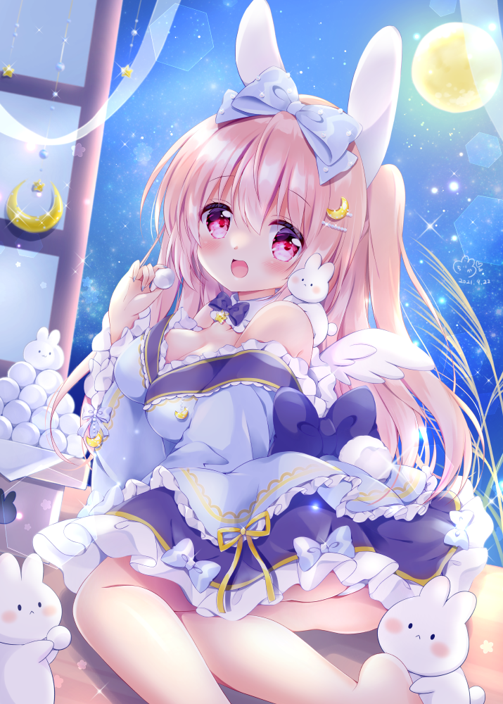 1girl, barefoot, blue_bow, blush, bow, breasts, chiika_(cure_cherish), dango